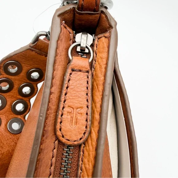 Frye Claire Leather Shoulder Bag Buckle Grommet Zip Top Cognac Brown NEW - Picture 14 of 16
